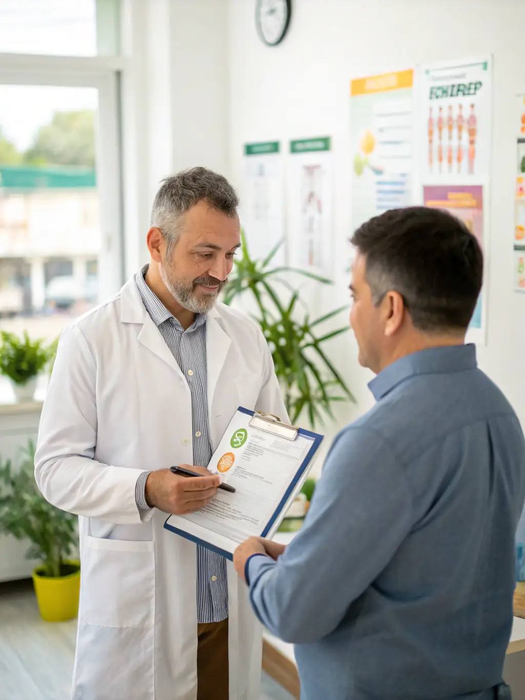 A medical professional explaining the benefits of drug testing to an employer, emphasizing safety and compliance.