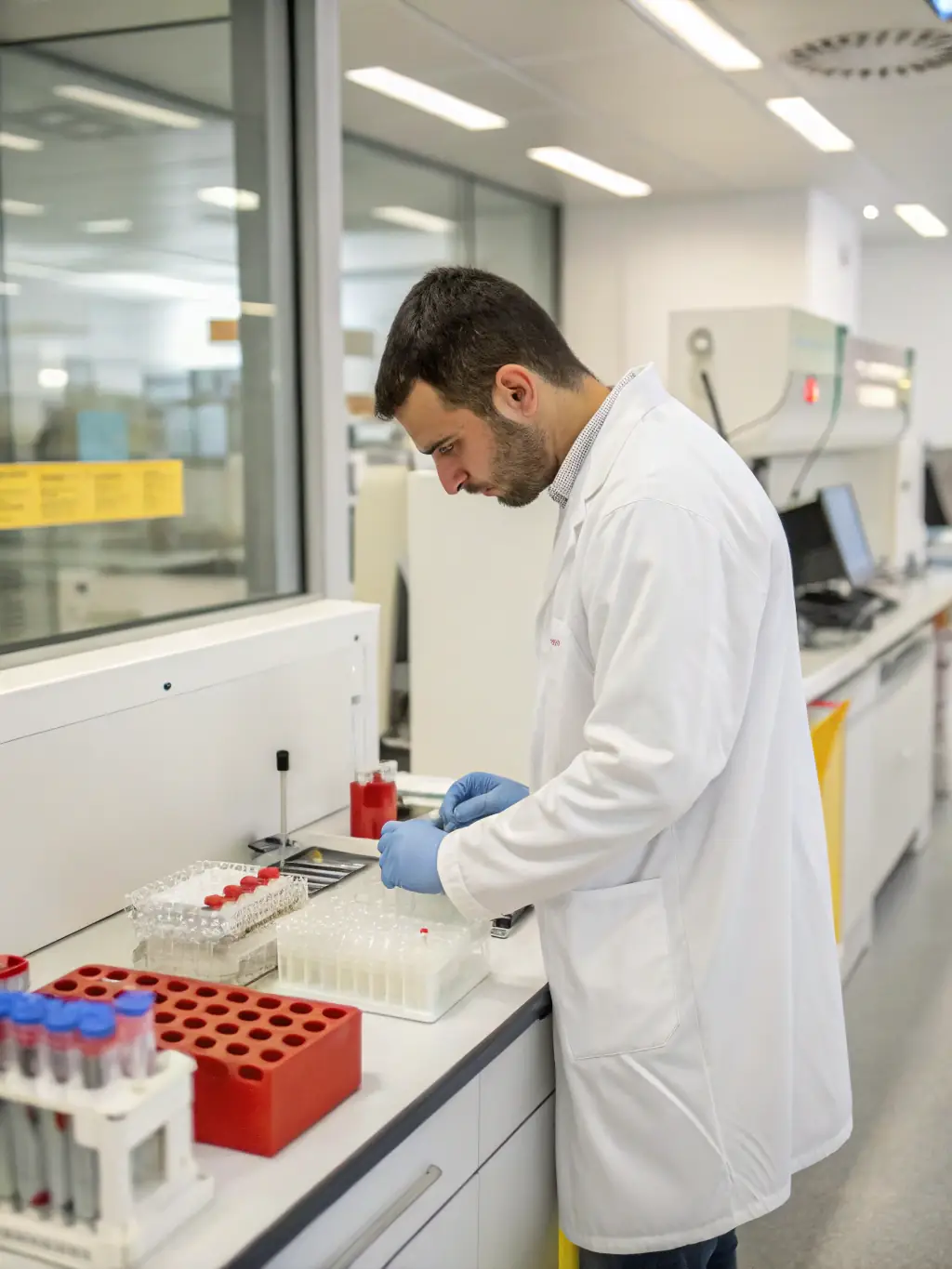 A professional technician conducting a comprehensive urine drug test in a laboratory setting, ensuring accuracy and reliability.