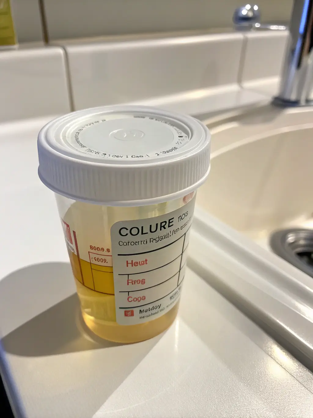 A close-up shot of a urine sample collection cup with a secure lid, emphasizing the cleanliness and sterility of the process, in a modern laboratory setting.