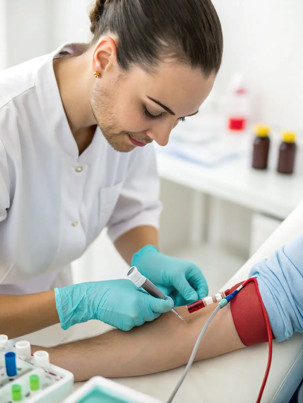 A phlebotomist drawing a blood sample from a patient, emphasizing the clinical accuracy and reliability of blood drug testing.