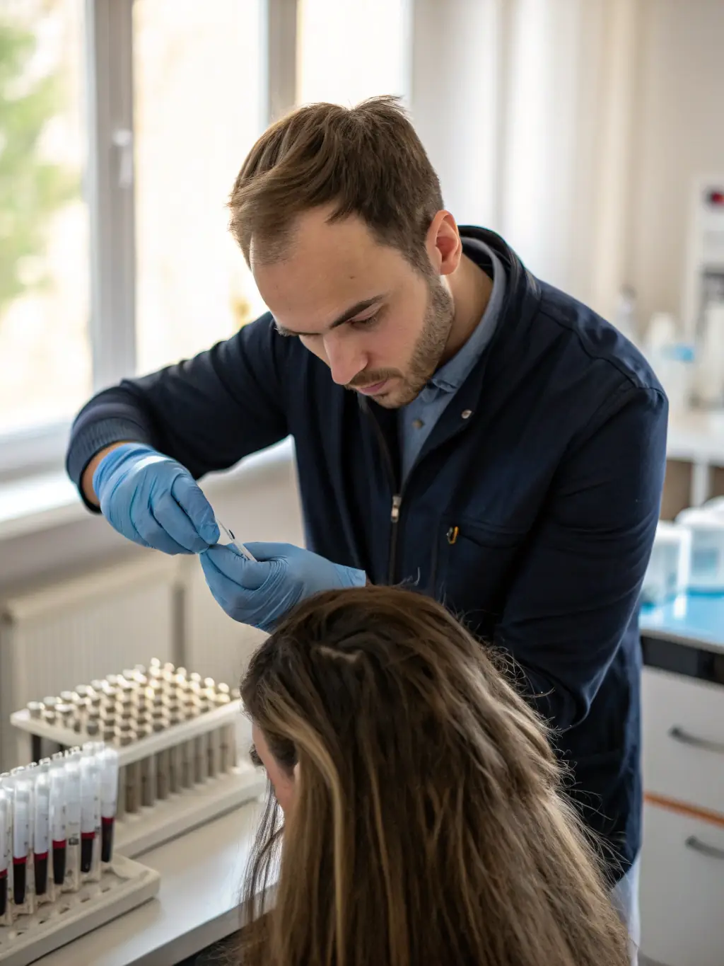 A technician carefully analyzing a hair sample in a lab, highlighting the precision and advanced technology used in hair follicle drug testing.